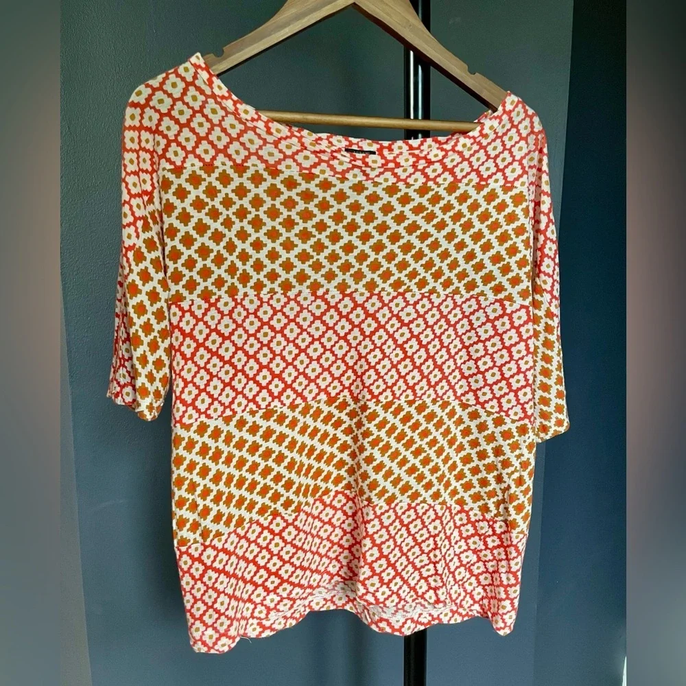 J. Crew Elbow-Sleeve Boho Geo-Colorblock Top, Relaxed Lightweight Soft Cotton